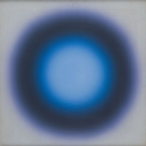 Wojciech Fangor, M 10, 1969 — a softly-blurred blue sphere on a pale ground, from the artist's 'positive illusionary space' series painted at Twelve Ponds.