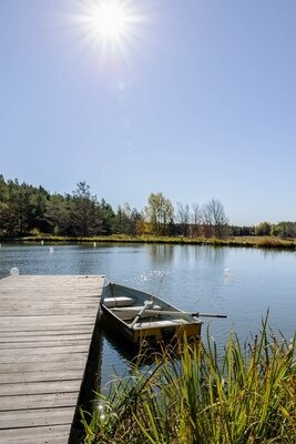 A small pond at Twelve Ponds with a wooden dock and rowboat, sun overhead.
